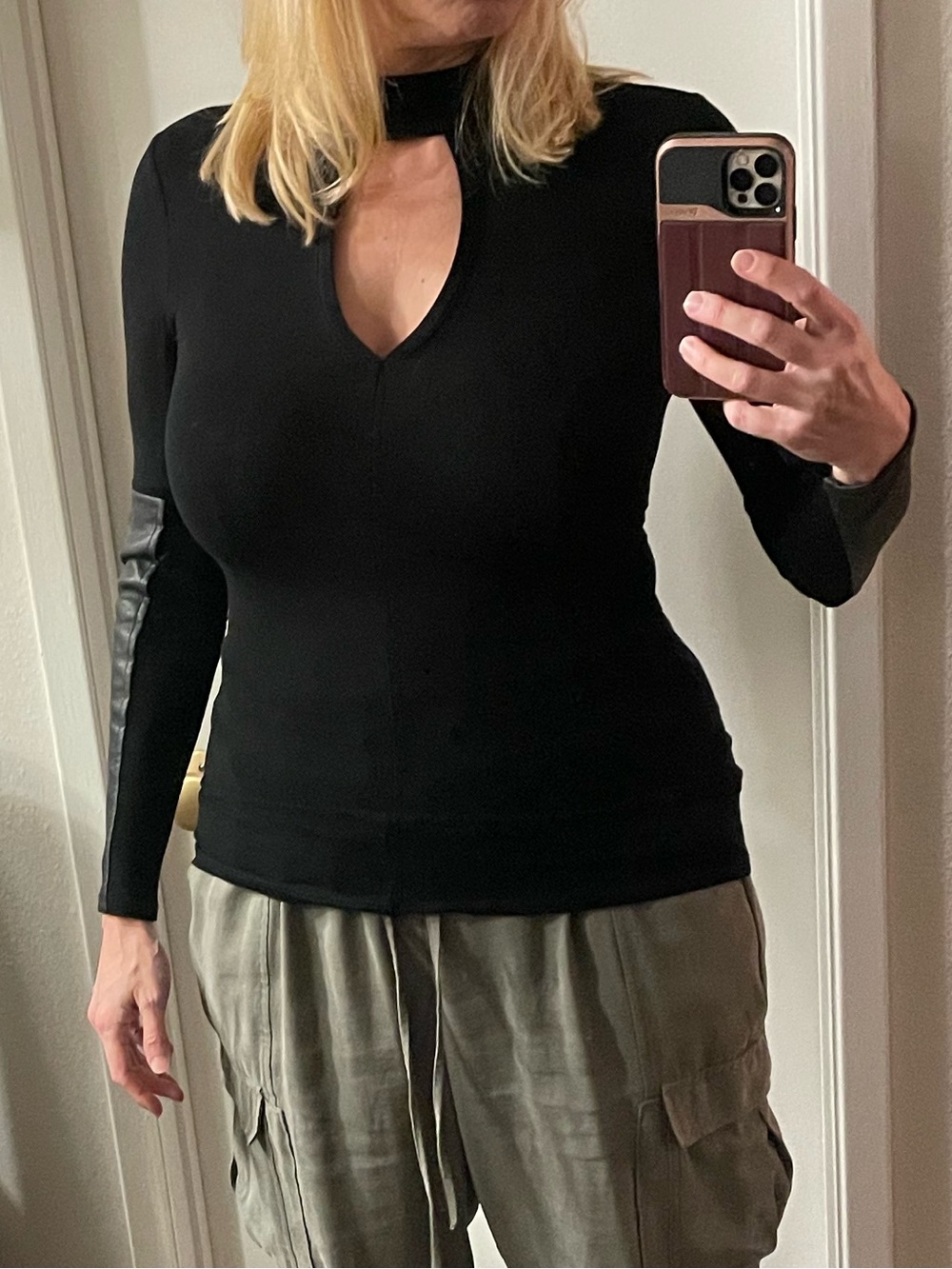 BCBGMaxAzria Black Knit Top | leather sleeves